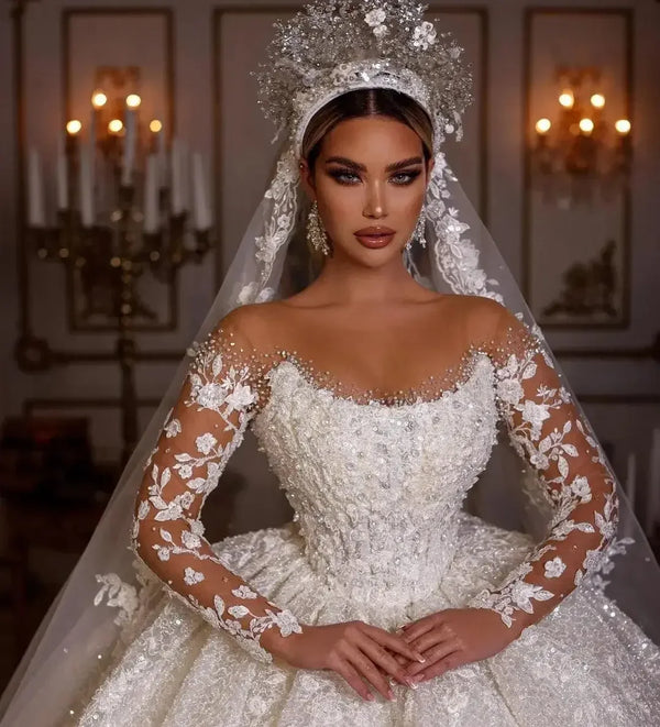 Beaded Sequin Long Sleeve Wedding Dress With Sheer Neck Appliques Floor Length Bridal Gown