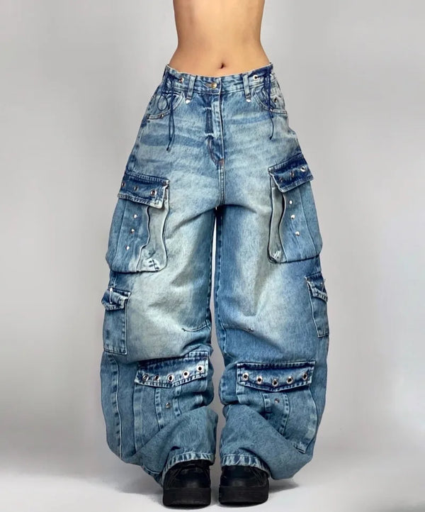 Gothic Hip Hop Jeans Loose Leg Wide Leg Denim Pants With Pockets Street Style Casual Streetwear Trend
