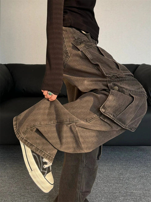 Baggy High Waist Cargo Jeans for Women - Vintage Japanese 2000s Style Denim Trousers Perfect for Fall Outfits and Aesthetic Streetwear