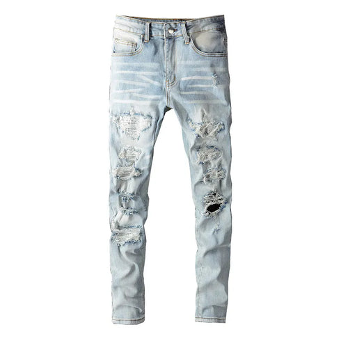 Men's Slim Crystal Ripped Patchwork Denim Pencil Pants for Street Style
