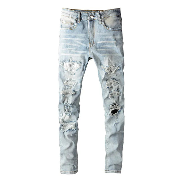 Men's Slim Crystal Ripped Patchwork Denim Pencil Pants for Street Style