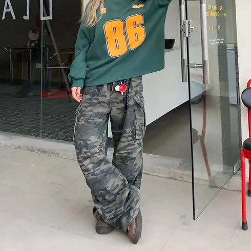 Women Y2K Camouflage Cargo Jeans Vintage High Waist Pants