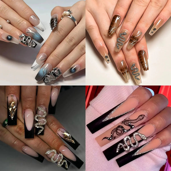 Extra Long Punk Snake Design Rhinestone Moon Star Bowknot Fake Nails Art Set - Y2K Press On Manicure for Parties and Daily Wear