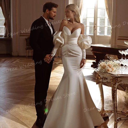 Modern Wedding Dresses Mermaid Off Shoulder Satin Bridal Gowns Long Sleeve Backless Luxury