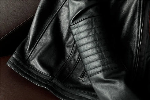 Vintage Genuine Leather Biker Jacket for Men – Slim Fit Cowhide Motorcycle Outerwear with Pockets and Embroidery Details for All Seasons