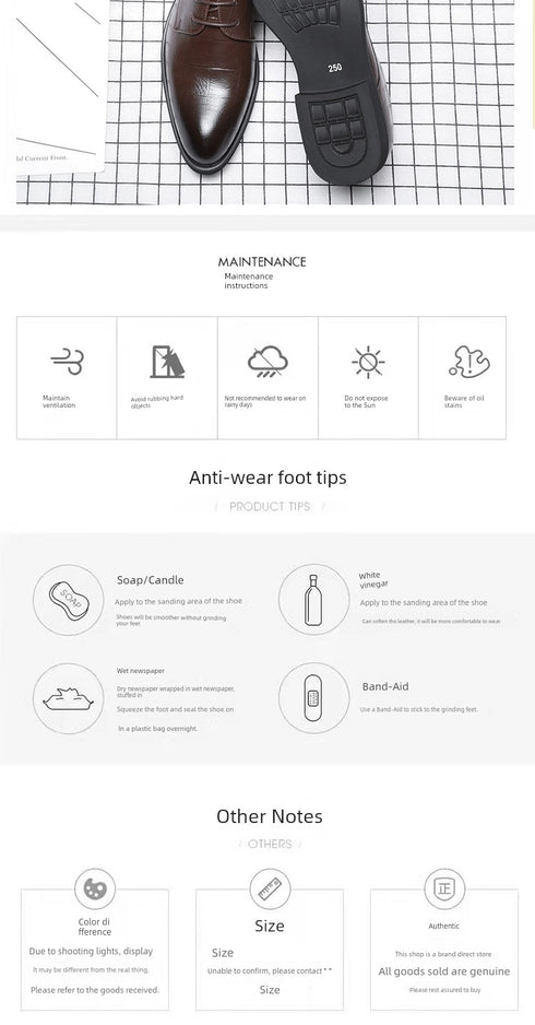 Elegant Pointed Toe Leather Shoes for Business and Casual Wear with Height Increasing Insole and Low Heel Design