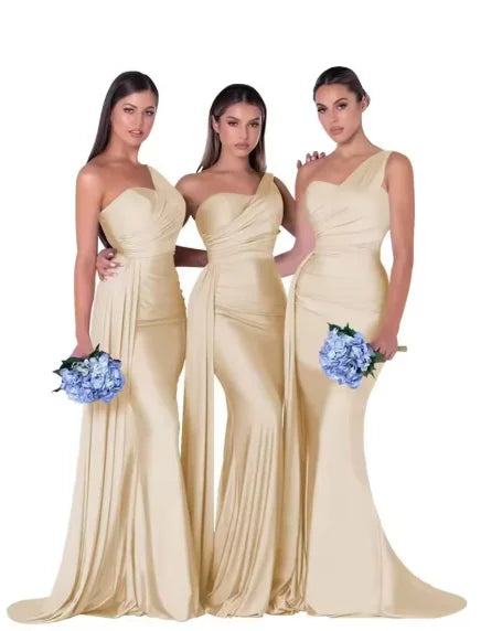 Mermaid Satin Corset Bridesmaid Dress for Wedding Party Gown with Ruched Detailing and Floor Length
