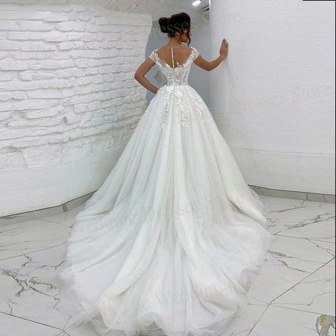 Boho Charming Princess A Line Wedding Dresses Illusion Appliques Gowns