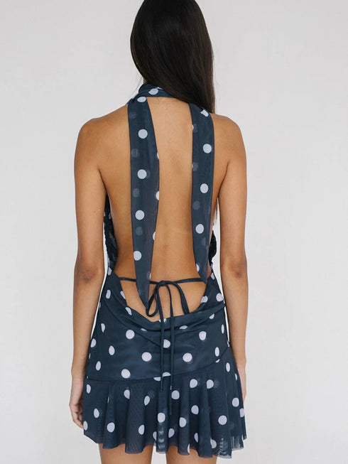 Sexy Deep V Neck Printed Polka Dot Halter Mini Dress for Women Elegant Summer Party Outfits
