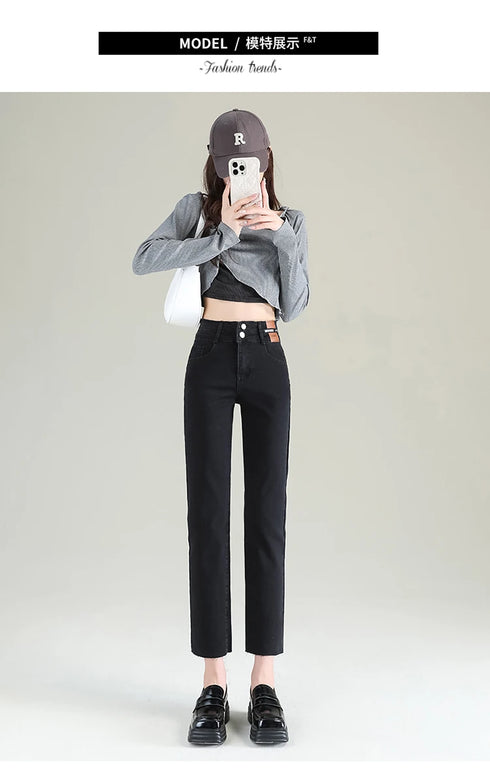 Slim Straight Elastic Denim Pipe Pants for Women - Versatile All-Season Trousers with Pockets and Tie Dye Details for Trendy Fall Outfits