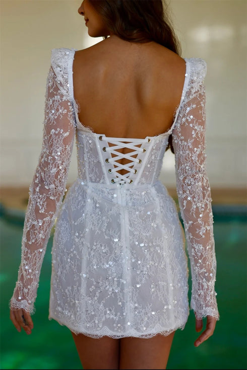 Customized Sequin Lace Mini Skirt Wedding Dress with Square Neck and Long Sleeves Lace-Up Back Short Gown