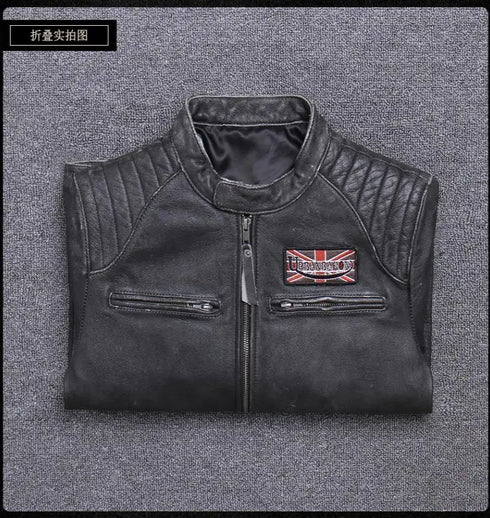 Vintage Genuine Leather Biker Jacket for Men – Slim Fit Cowhide Motorcycle Outerwear with Pockets and Embroidery Details for All Seasons