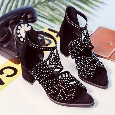 Rhinestone Faux Leather Hollow Out Thick Heel Sandals