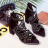 Rhinestone Faux Leather Hollow Out Thick Heel Sandals