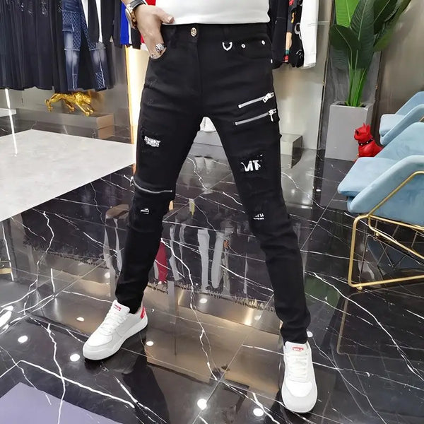 Luxury Men's High Street Korean Black Jeans Slim-Fit Trousers