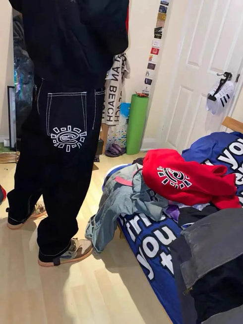 Streetwear Black Logo Print Baggy Jeans for Men and Women