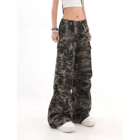 Casual Wide Leg Pants for Women - Y2K Hip-Hop Cargo Overalls with Camouflage Design, Perfect for Fall Outfits and Grunge Style Inspiration