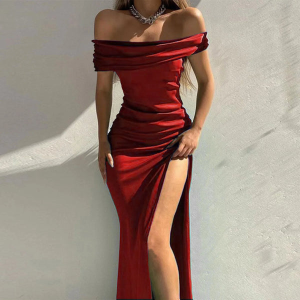 One Shoulder Prom Dress Solid Short Sleeve Velvet High Slit Sexy Evening Party Dress With Ruffles
