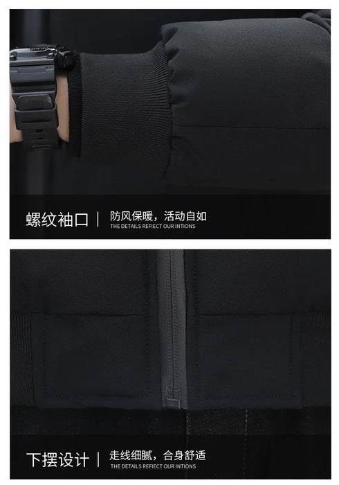 Versatile Winter Down Jacket for Men - Casual Solid Color Thick Warm Outerwear with Printed Design and Appliques