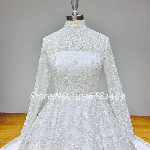Hire Lnyer High Neck Zipper Back Lace Ball Gown Wedding Dresses
