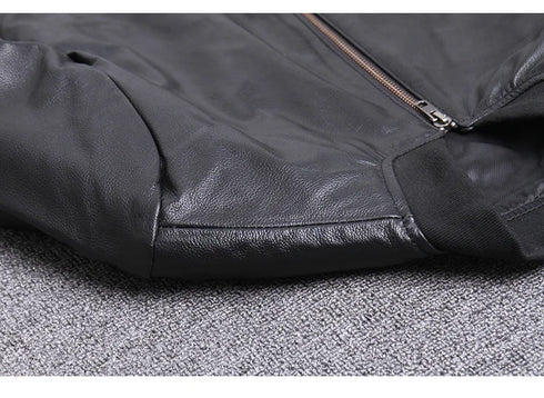 Stylish Casual Men's Bomber Jacket in Genuine Cowhide Leather - Perfect Spring and Autumn Outerwear with Full Sleeves and Zipper Closure