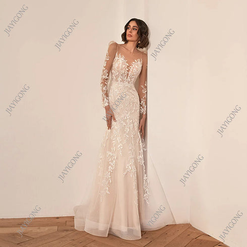 Wedding Dress Bridal Gown Mermaid Lace Illusion Long Sleeves Back Zipper Button Detail