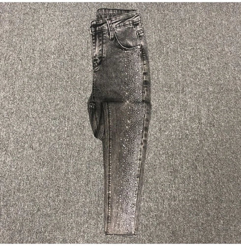 Fashion Rhinestone Jeans Female High Waist Slim Pencil Pants