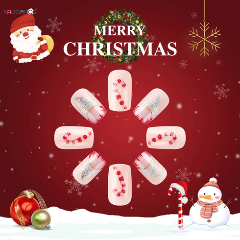 Festive Gnome and Snowflake Print Short Square Press-On Nails with Glossy Sequins and Charms for a Stunning Christmas Manicure Experience