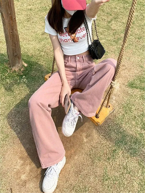 Y2k Pink High Waist Causal Wide Leg Jeans Women Straight Denim Pant