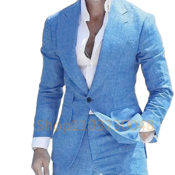 Casual Linen Men Suit Slim Fit Peak Lapel Blazer and Pants Summer Outfit