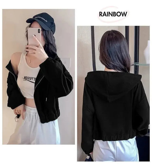 Hooded Spring Jacket for Women Short Summer Thin Zipper Cardigan Loose Work Casual Top