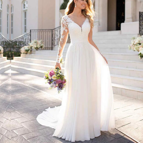 V Neck Long Sleeves Wedding Dresses Open Back Lace Applique A-Line