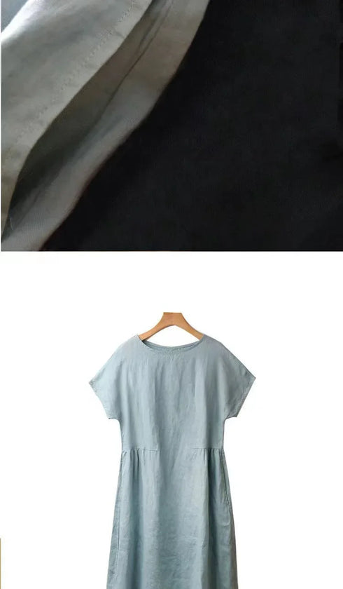 Loose Fit Slimming Cotton Linen Dress for Women Summer Plus Size Mid-Length Skirt