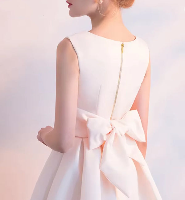 Formal Satin Short Dress Sleeveless O Neckline Back Bow Tassel For Evening Events Wedding Dress