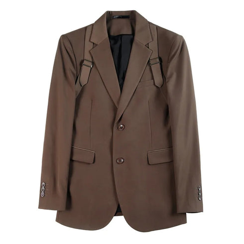 Men's Slim Fit Casual Business Blazer with Strap Decoration for Autumn Winter Fashion