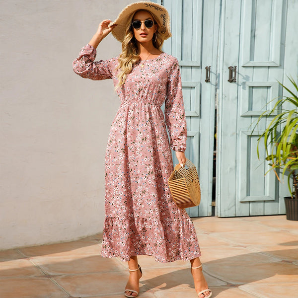 Bohemian Floral Chiffon Maxi Dress for Women - Casual Long Sleeve High Waist Beach Style