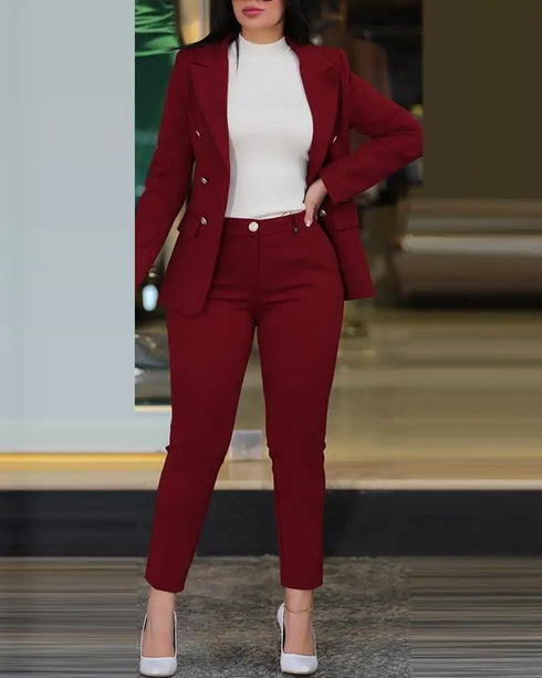 Chic Women's Long Sleeve Suit with Slim-Fit Wrap Buttock Pencil Pants – Elegant 2 Piece Office Ensemble for Autumn and Winter Fashion