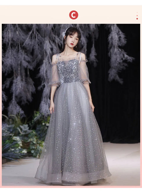Off Shoulder Lace Illusion A Line Dress Floor Length Glitter Tulle Bow Bridesmaid Dress