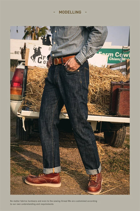 Slim Straight Button Fly Denim Jeans for Men - Heritage Style Selvedge Pants Perfect for Casual Wear and Stylish Medium Wash Jeans Outfit