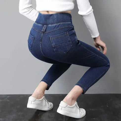 Korean Casual Plus Size Skinny Denim Jeans for Women - High Waist Pencil Pants Perfect for Spring and Autumn Streetwear, Featuring Pockets and Slight Stretch - Ideal for Stylish Fall Outfits with Jeans