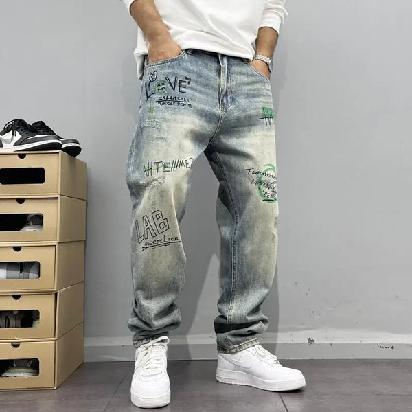 American Retro Street Style Personalized Printed Jeans for Men
