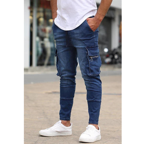 Fashion Streetwear Ripped Skinny Jeans Men Cargo Pants Slim Fit