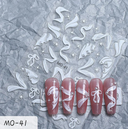 5D Embossed Nail Art Stickers - Semi-Transparent White Bowknots Adhesive Sliders for Creative Manicure Decorations and Nail Art Accessories