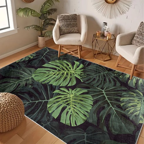 Tropical Dark Green Leaves Pattern Living Room Area Rug Washable Indoor Floor Mat Decor