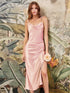 Elegant Satin Cowl Neck Sleeveless Midi Dress With Side Slit Spaghetti Straps Bridesmaids Dress