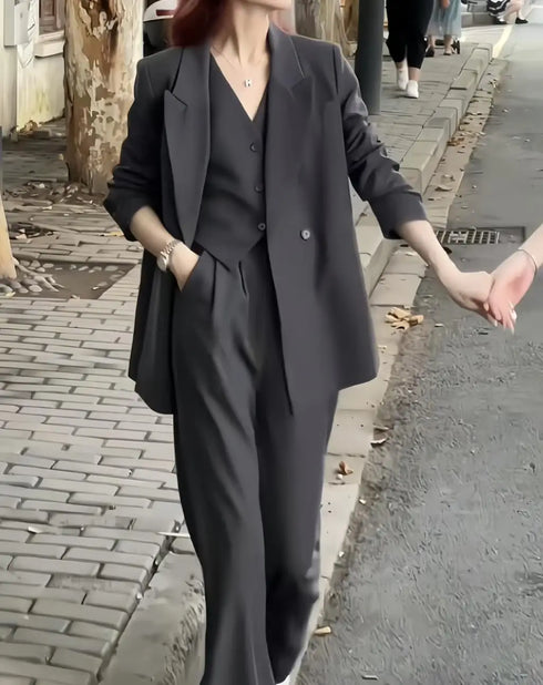 Elegant 3-Piece Korean Business Suit for Women: Stylish Blazer, Sleeveless Vest, and Wide Leg Pants Set for Office and Casual Wear