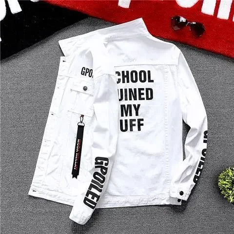 Men's Slim Fit Ripped Denim Jacket with Print for Hip Hop Style - Trendy Outerwear for Dance and Casual Wear