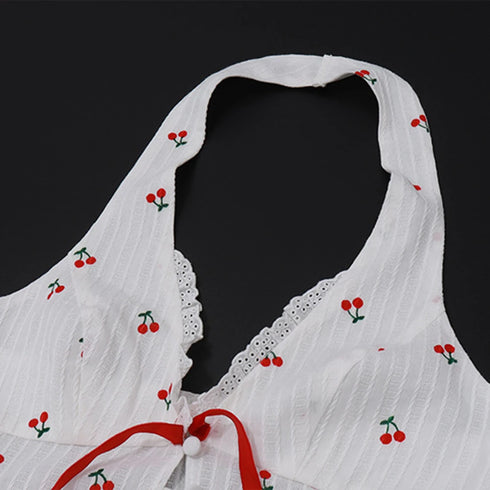FZCSPEED Sleeveless Printed Halterneck V-neck Crop Top Backless Cherry Print Bow Slim Fit Crop Top