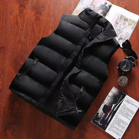 Men's Warm Sleeveless Vest Jacket for Winter - Casual Waterproof Zipper Coat with Stand-up Collar for Autumn Adventures