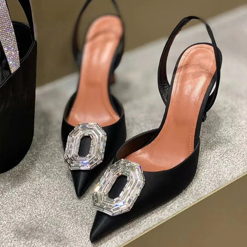 Elegant Pointy Fine Heel Sandals for Women - Luxury Designer Rhinestone Glitter Party Dress Shoes with Ankle Strap and Thin Heels